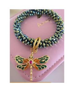 PULSERA02 AMAPOLA CRISTALES DIJE LIBELÚLA DORADA
