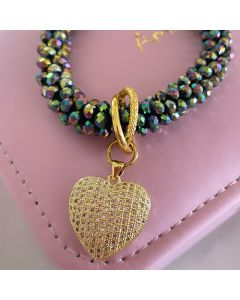 PULSERA04 AMAPOLA CRISTALES CELESTE CON DIJE CORAZÓN DORADO